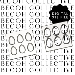 Könnte beinhalten: Zwei weiße rechteckige Tabletts mit jeweils sechs eiförmigen Aussparungen. Die Tabletts befinden sich vor einem weißen Hintergrund mit dem sich wiederholenden Wortmuster "BECOH COLLECTIVE". Eine schwarze Form mit dem Text "DIGITAL STL FILE" befindet sich oben rechts.