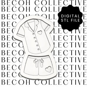 May include: A white digital STL file of a pajama set, featuring a button-down shirt with a heart detail and shorts with a bow and heart. The background has the text "BECOH COLLECTIVE". The file is labeled "DIGITAL STL FILE".