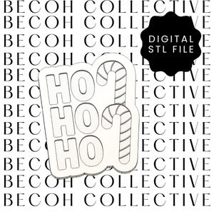 May include: A white digital STL file featuring a Christmas-themed design. The design includes the words "HO HO HO" stacked vertically, accompanied by two candy canes. The background is a repeating pattern of the words "BECOH COLLECTIVE".