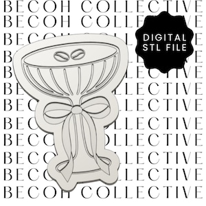 May include: A light grey coffee cup-shaped cookie cutter with a bow and two coffee beans on top. The text "DIGITAL STL FILE" is on a black shape. The background has the words "BECOH COLLECTIVE" repeated.