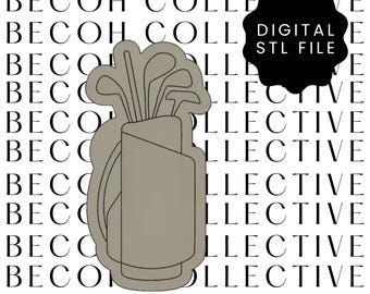 Puede incluir: Una bolsa de golf gris impresa en 3D con palos que sobresalen de la parte superior. La bolsa es un archivo STL digital.