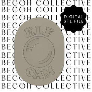 May include: A gray oval-shaped ornament with the words "ELF CAM" and a stylized circle design. The ornament is a digital STL file.
