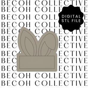May include: A grey 3D printed bunny ear headband with a rectangular space for a name or message. The headband is designed for a child's head. The image includes the text "DIGITAL STL FILE".