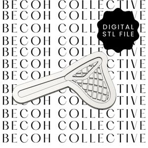 May include: A white 3D model of a lacrosse stick head, with a diamond-patterned net. The image has the text "DIGITAL STL FILE" on a black shape. The background features the repeated text "BECOH COLLECTIVE".