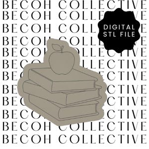 May include: A digital STL file for a 3D printed stack of three books with an apple on top. The books are grey and the apple is red.