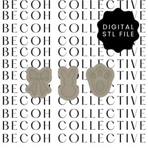May include: Three digital cookie cutter designs: a bow, a bunny, and a paw print. The designs are in a light brown colour and are ready to be downloaded as an STL file.