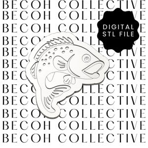 May include: A white outline of a fish design, described as a digital STL file. The fish is set against a background of repeating text that reads "BECOH COLLECTIVE."