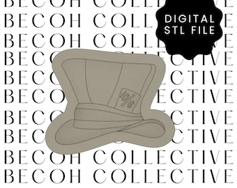 May include: A gray 3D printed model of a top hat with a 10/6 label on the side. The hat is a digital STL file.