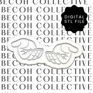May include: A white, stylized outline of two hands cupped together, likely a cookie cutter design. The image is set against a repeating pattern of the words "BECOH COLLECTIVE". A black tag reads "DIGITAL STL FILE".