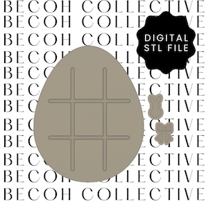 May include: A digital STL file for a 3D printed Easter egg with a tic-tac-toe board design. The file also includes a bunny and a bow.