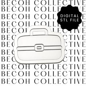 May include: A white briefcase-shaped digital STL file. The briefcase has a handle and a central clasp. The background features the repeated text "BECOH COLLECTIVE" in black. A black shape with the text "DIGITAL STL FILE" is in the upper right.