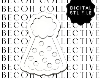 May include: A white digital STL file of a party hat with polka dots. The image includes the text "DIGITAL STL FILE" on a black shape, and the words "BECOH COLLECTIVE" repeated in the background.