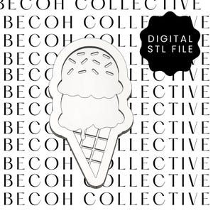 Puede incluir: Un diseño blanco en forma de cono de helado con dos bolas, chispas y helado goteando. El diseño es un archivo STL digital. El fondo presenta las palabras "BECOH COLLECTIVE" en un patrón repetido.