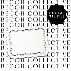 May include: A white, blank, decorative, scalloped frame with a thin black border. The frame is on a white background with the text "BECOH COLLECTIVE" repeated in black.