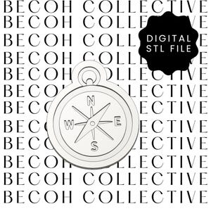 May include: A digital STL file featuring a compass design. The compass is white with a detailed needle and directional markings. The background is a repeating pattern of the words "BECOH COLLECTIVE". A black shape with the text "DIGITAL STL FILE" is in the upper right.