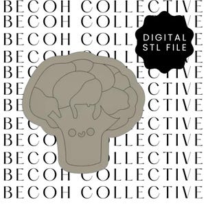 May include: A light gray broccoli-shaped cookie cutter with a smiling face. The words "DIGITAL STL FILE" are in a black shape. The background has the words "BECOH COLLECTIVE" in a repeating pattern.