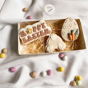 May include: A gift box filled with three Easter-themed sugar cookies. The cookies are decorated with pastel colours and feature a bunny, an egg, and a "Happy Easter" sign.