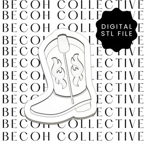 May include: A white outline of a cowboy boot with flame designs, a handle, and a heel. The text "DIGITAL STL FILE" is in a black shape. The background has the words "BECOH COLLECTIVE" repeated.