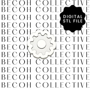 May include: A white gear-shaped design with a central circle, set against a backdrop of repeating "BECOH COLLECTIVE" text. A black shape with the text "DIGITAL STL FILE" is also present.