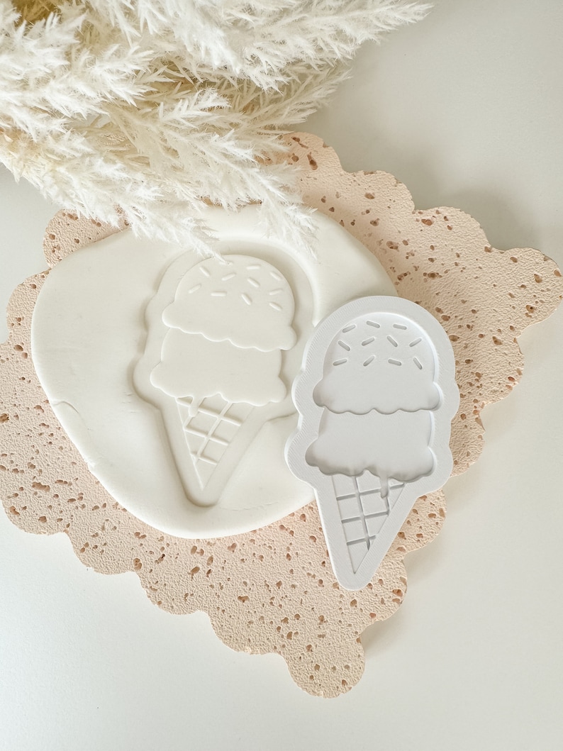 Sello y cortador de galletas de helado, sello fondant, grabador, cono de helado, dos dulces, impreso en 3D imagen 1