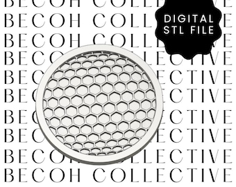 May include: A circular, silver-colored object with a honeycomb pattern, labeled "DIGITAL STL FILE" on a black background. The background features the repeated text "BECOH COLLECTIVE" in black.