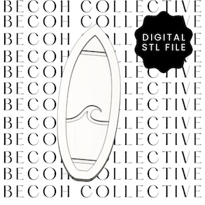 Puede incluir: Un diseño de tabla de surf blanco con un gráfico de olas, etiquetado "DIGITAL STL FILE" en una forma negra. El fondo presenta el texto repetido "BECOH COLLECTIVE".