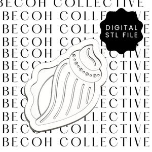 May include: A white seashell design with a scalloped edge, featuring vertical lines and a decorative top with small circles. The image includes the text "DIGITAL STL FILE". The background has the text "BECOH COLLECTIVE".