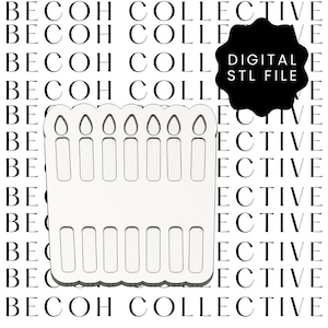 May include: A white rectangular cookie cutter featuring a scalloped top edge and a pattern of six vertical candle shapes with flames. A black circular badge in the upper right corner contains the white text DIGITAL STL FILE.