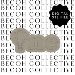 Könnte beinhalten: Eine digitale STL-Datei für einen 3D-Druck eines Heißluftballons und des Wortes "eins" in einer verspielten Schriftart.