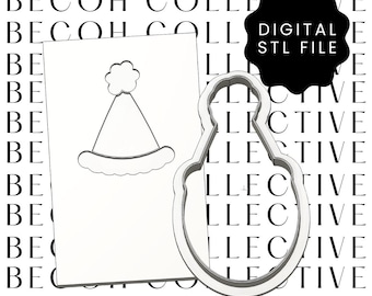 May include: A white party hat design on a white card and a matching cookie cutter. The image also includes a black digital STL file graphic. The background features a repeating pattern of the words "BECOH COLLECTIVE".