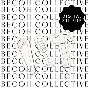 May include: White outline illustrations of a saw, screwdriver, and hammer. The text "DIGITAL STL FILE" is in a black shape. The background has the words "BECOH COLLECTIVE" in a repeating pattern.