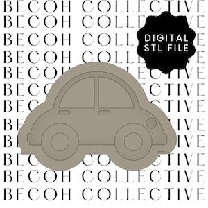 May include: A gray 3D printed model of a car. The model is a simple design with rounded edges and a flat bottom. The car has a windshield, two doors, four wheels, and a rear window. The model is designed to be printed on a 3D printer and is suitable for use as a toy or decoration.