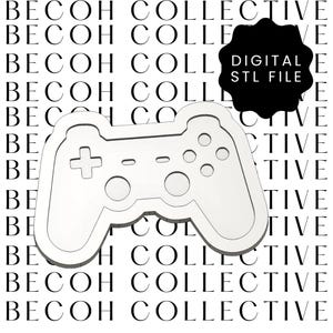 May include: A white controller outline featuring a plus sign, buttons, and a directional pad. The image includes the text "DIGITAL STL FILE" on a black shape. The background features the repeated text "BECOH COLLECTIVE" in black.