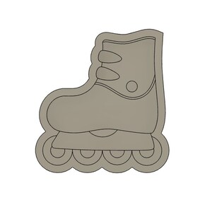 May include: A gray roller skate with a white lace and wheels. The skate is outlined in black.