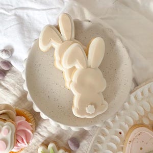 May include: Three bunny-shaped sugar cookies decorated with white and light brown icing. The cookies are on a speckled white plate.