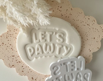 Permite a Pawty Cookie Stamp & Cutter, Grabador, Sellos de galletas de pata, Galletas de cumpleaños temáticas para perros, Permite a Pawty, Pata de cachorro, Sello de galleta de perro cachorro