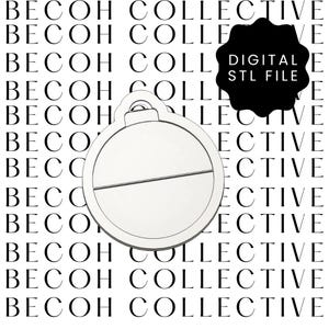 May include: A white, circular pendant with a horizontal line across the center, and a loop at the top. The background features a repeating pattern of the words "BECOH COLLECTIVE". A black shape contains the text "DIGITAL STL FILE".