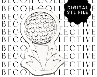 May include: A white golf ball on a tee design, with a floral base. The image includes the text "DIGITAL STL FILE" in a black shape. The background features the repeated text "BECOH COLLECTIVE".