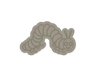 May include: A brown line drawing of a caterpillar with a smiling face and two antennae. The caterpillar is curled into a C shape.