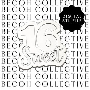 Puede incluir: Un diseño blanco de "16 Sweet", probablemente para una celebración de cumpleaños, con una fuente decorativa. El fondo presenta el texto repetido "BECOH COLLECTIVE" en negro. Una forma negra indica un archivo STL digital.