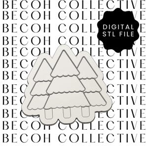 May include: A digital STL file featuring a design of three stylized Christmas trees. The trees are light grey with a white background. The text "DIGITAL STL FILE" is in a black shape.