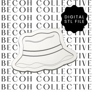 May include: A white outline of a fedora hat with two dark lines on the brim. The hat is a digital STL file. The background has the words "BECOH COLLECTIVE" in a repeating pattern.