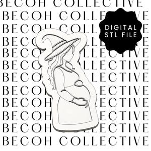 Puede incluir: Un archivo STL digital que presenta un dibujo lineal de una mujer embarazada con un sombrero de bruja. El diseño es minimalista, en blanco y negro. Se incluye el texto "DIGITAL STL FILE".