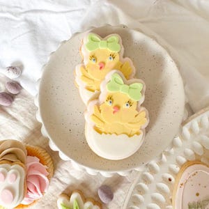 May include: Two chick-shaped biscuits with yellow bodies, green bows, and pink cheeks sit on a white plate. The biscuits are decorated with icing and are part of a collection of Easter-themed treats.