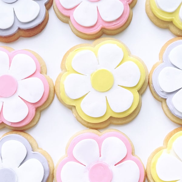 May include: Nine decorated sugar cookies with a daisy design. The cookies are decorated with white, yellow, pink, and purple frosting.