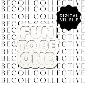 May include: A white, cloud-shaped design with the words "FUN TO BE ONE" in a bold, rounded font. The background features a repeating pattern of the text "BECOH COLLECTIVE". A black shape with the text "DIGITAL STL FILE" is in the upper right.