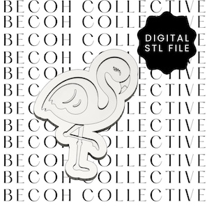 May include: A white flamingo design, a digital STL file, against a background of repeating text. The flamingo is in a side profile with its head turned back, and its eye is closed. The text reads "BECOH COLLECTIVE".