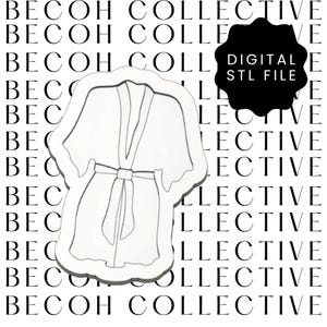 May include: A digital STL file for a 3D printed bathrobe. The bathrobe has a belt and is designed to be printed in a single piece.