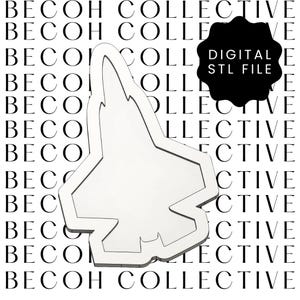 May include: A white, geometric outline of a fighter jet, labeled as a digital STL file. The background features a repeating pattern of the words "BECOH COLLECTIVE" in black.