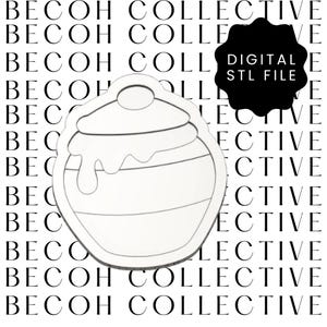 May include: A white digital STL file of a honey pot with a lid and dripping honey design. The honey pot has horizontal stripes. The text "DIGITAL STL FILE" is in a black shape.